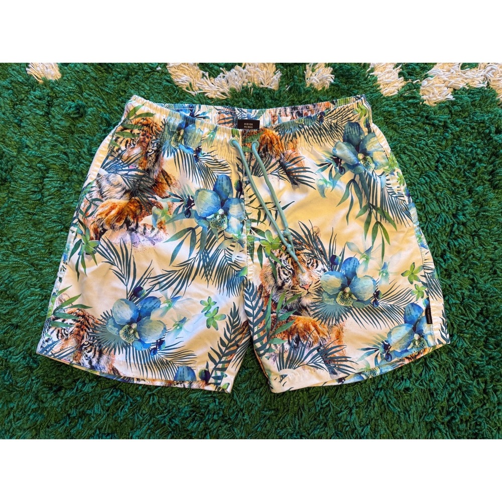 Ring of Fire Swim Trunks Mens Medium White Excellent Tiger Tropical Floral Print